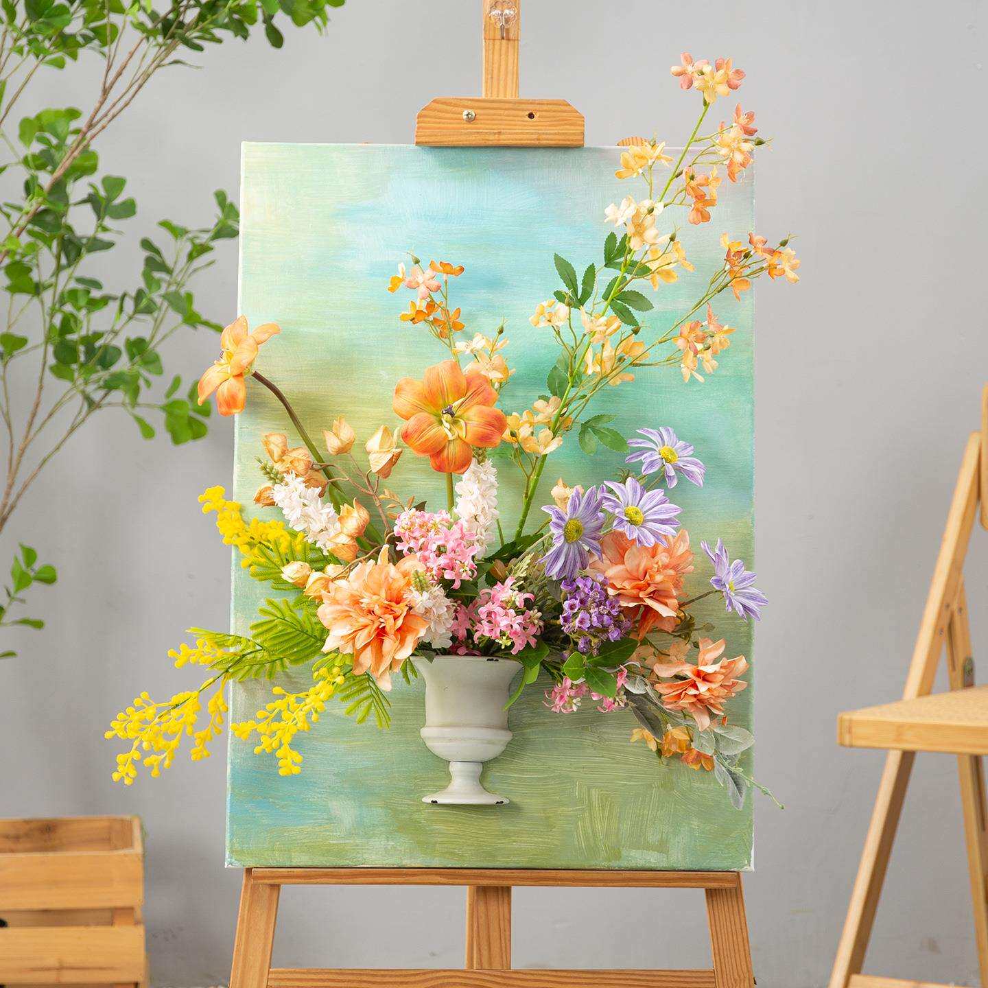 法式油画仿真花艺成品半壁花瓶插花手绘画板花艺展厅墙面装饰花
