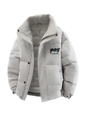 潮牌宽松立领羽绒服男短款灰色拉链面包服冬季外套