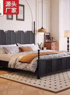 法式雕花实木床黑色简约现代1.8米1.5单双人床中古风美式硬靠婚床