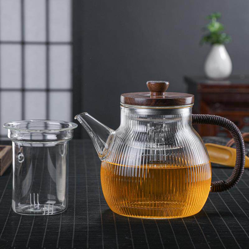 手工制作耐热紫砂玻璃茶壶竖纹创意泡茶壶电陶炉蒸煮俩用茶器