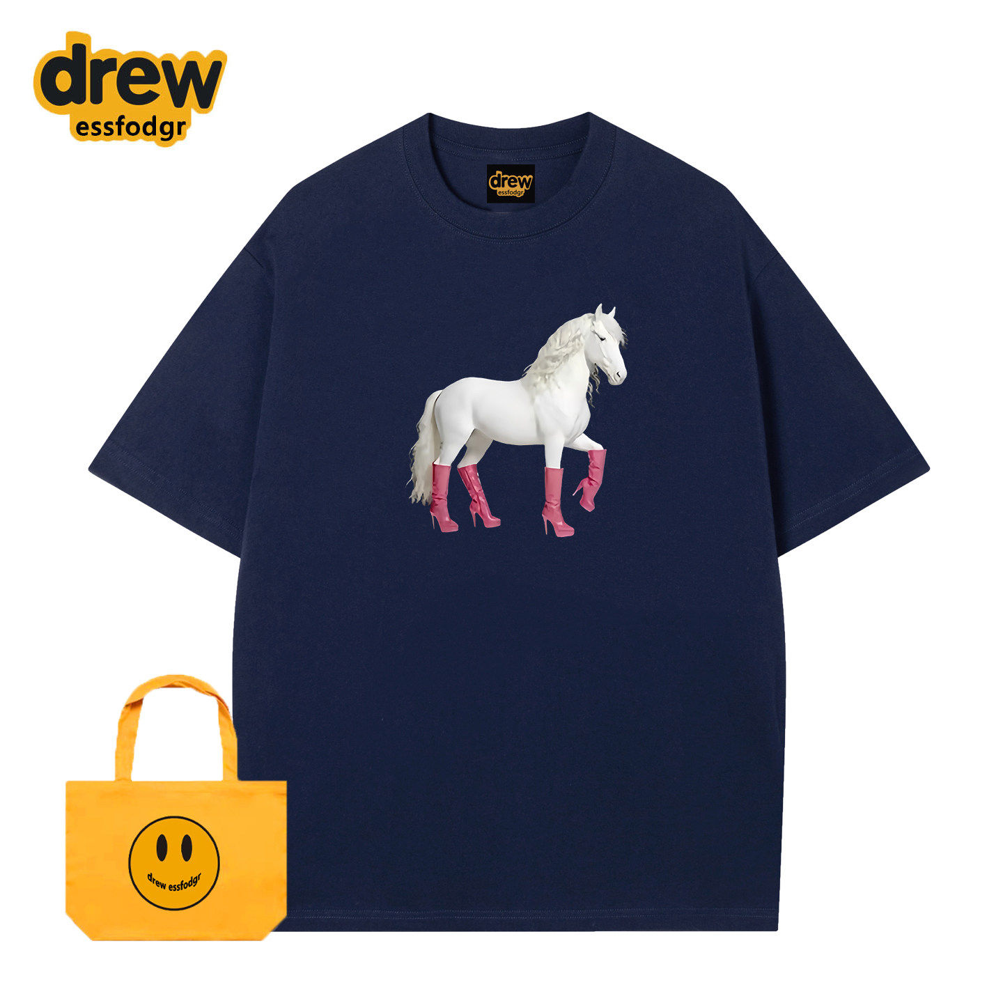 Drew美式潮牌趣味粉靴黑马印花重磅短袖T恤男女休闲宽松纯棉上衣