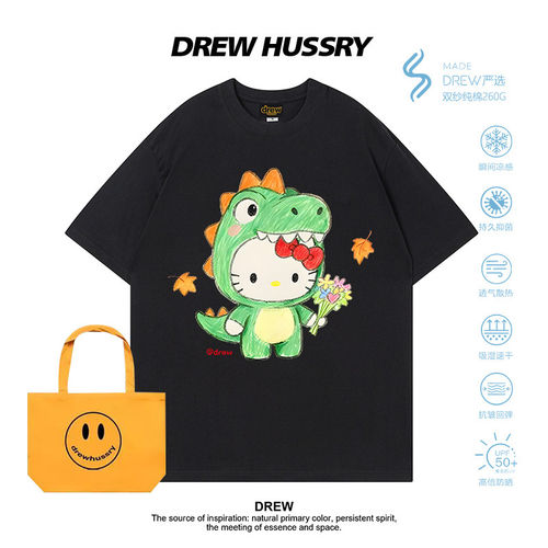 Drew美式卡通HelloKitty印花纯棉短袖T恤男女宽松可爱情侣装半袖