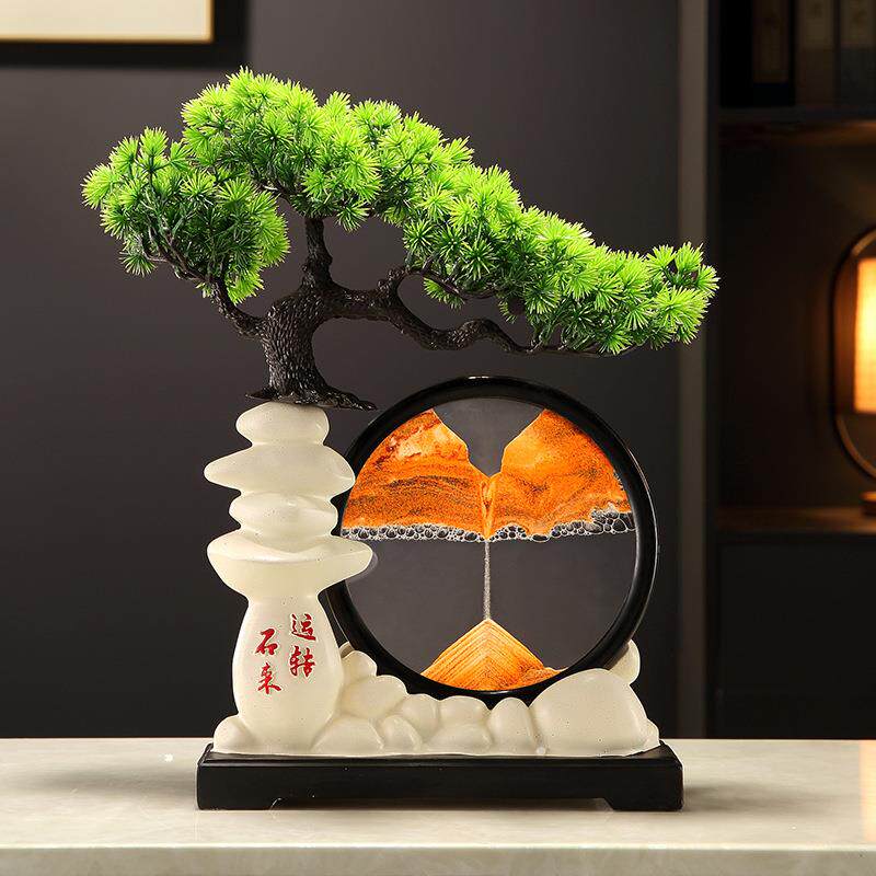 时来运转迎客松流沙画摆件沙漏客厅禅意玄关办公室电视柜软装饰品