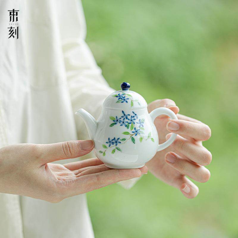 束刻纯手绘小蓝花小品思亭壶白瓷玉泥陶瓷茶具泡茶壶手执壶带过滤