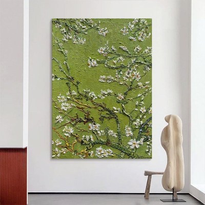纯手绘油画梵高杏花玄关装饰画抽象立体花卉肌理画客厅绿色系挂画