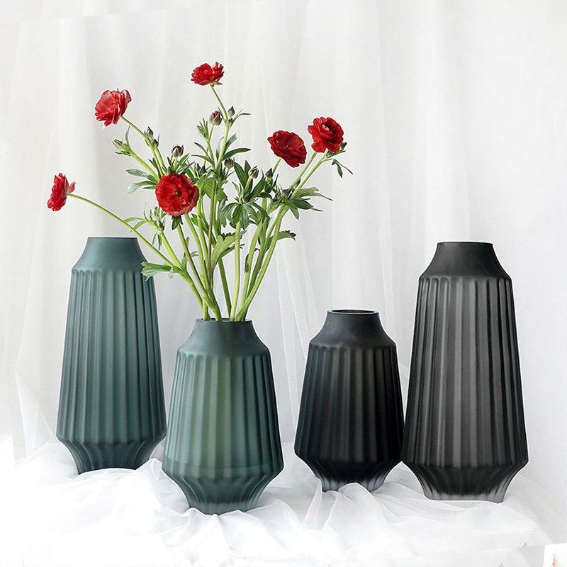 欣唯嘉玻璃花瓶彩色竖纹刻膜工艺摆件收口客厅插花器皿现代简约风