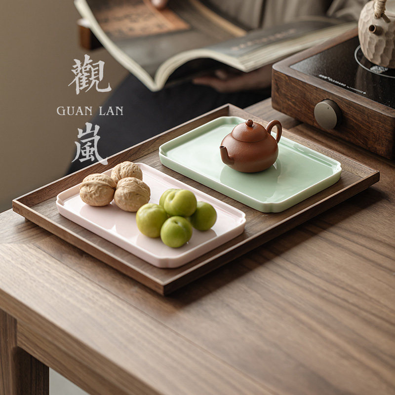 观岚陶瓷茶点盘家用中式水果盘茶几零食盘长方形壶承干泡茶盘摆盘