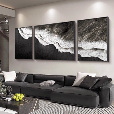 黑白艺术客厅大白墙装饰画侘寂风海浪高级肌理感沙发背景墙壁挂画