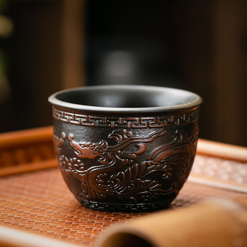 紫陶双龙戏珠功夫茶杯手工浮雕主人杯复古茶具茶盏喝茶单个紫砂杯