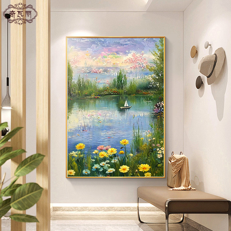 花卉入户玄关装饰画大芬村油画客厅挂画竖版手绘风景走廊过道壁画
