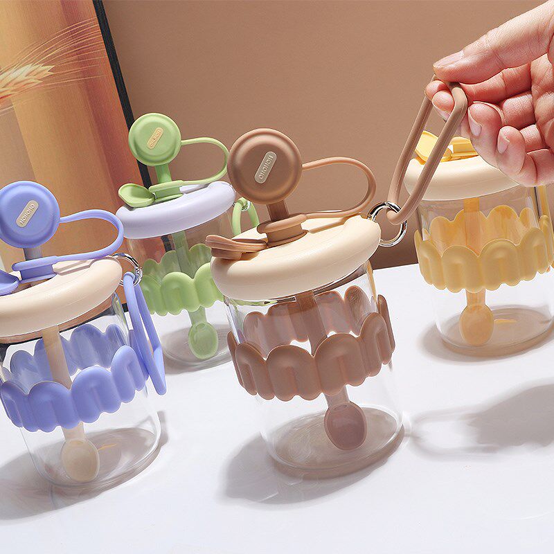 搅拌水杯带杯套玻璃杯办公室咖啡杯耐高温带吸管果汁杯泡茶杯子