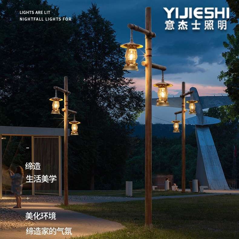 户外太阳能仿古仿木走马灯露营基地园林景区民宿木纹漆景观庭院灯