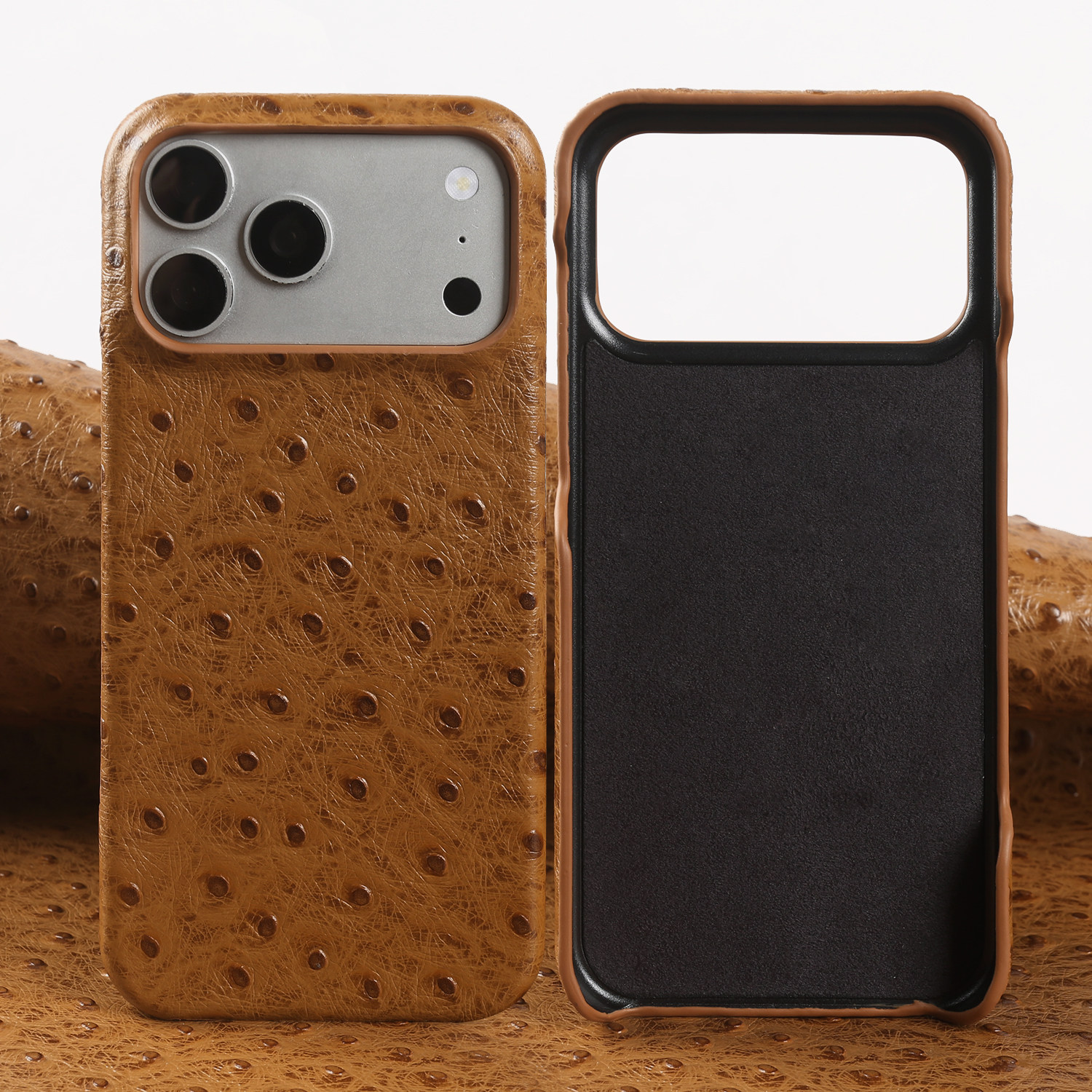 适用苹果17Promax手机壳新款鸵鸟纹真皮16轻奢高级感15小众奢华14简约商务皮质外壳13防摔头层真牛皮保护套12