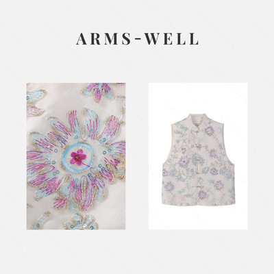 ARMS WELL王囡囡 白色桑蚕丝蓝花绣花新中式国风马甲 S9