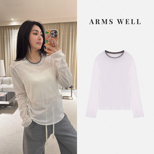 ARMS WELL王囡囡 白色拼灰色散口边薄款长袖T恤 S49