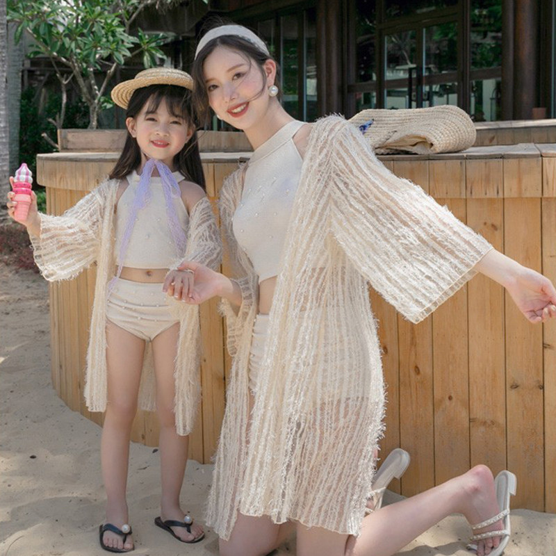 新款亲子泳衣母女分体白色防晒罩衫三件套女童女孩游泳衣沙滩泳装