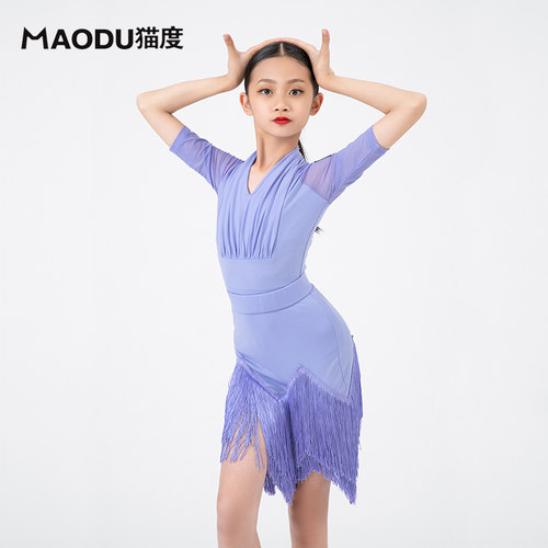 专业少儿儿童拉丁舞服女童夏舞蹈练功服演出规定比赛服流苏连衣裙