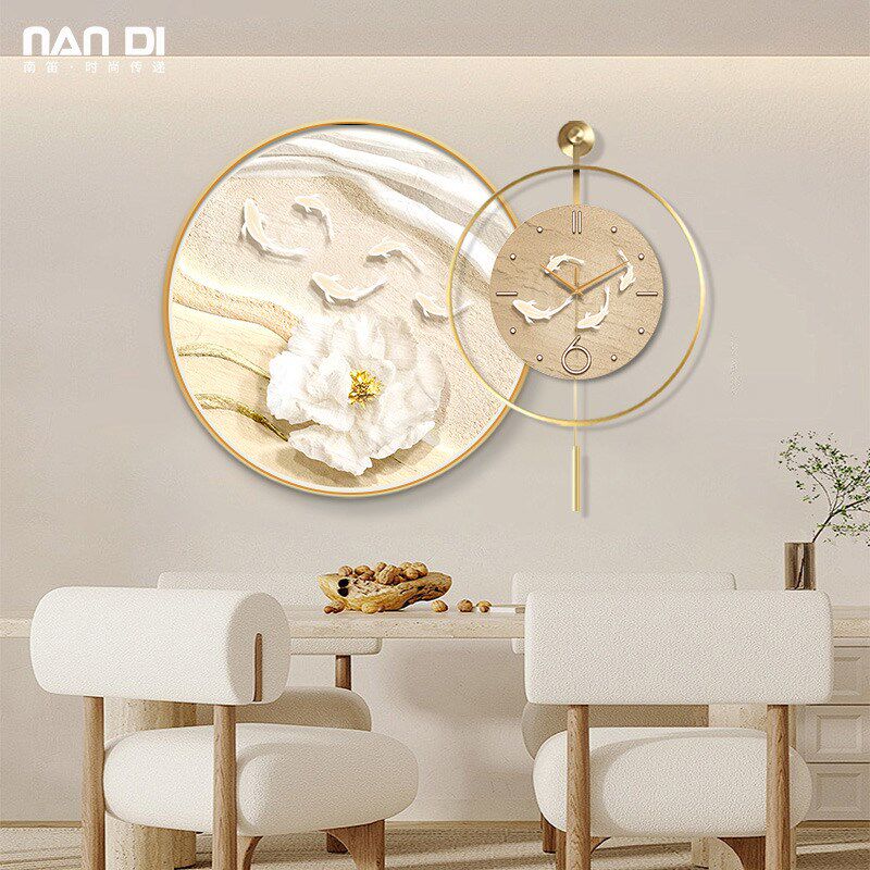 2024新款餐厅装饰画钟表挂钟客厅九鱼花卉创意饭桌艺术时钟画灯画,家居饰品,钟表画/挂钟画,淘宝优惠券,粉丝福利购,淘宝优惠卷