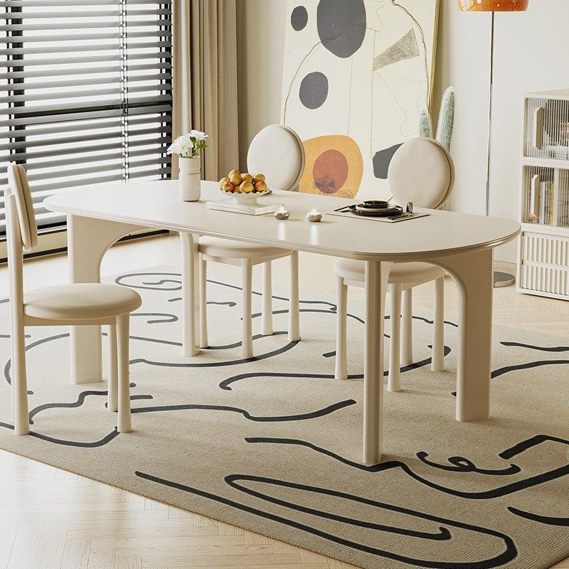 实木奶油风岩板餐桌家用小户型饭桌白色餐椅拱门餐椅组合现代桌子