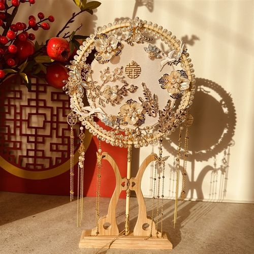 新娘出嫁团扇成品中式婚礼秀禾扇香槟双面结婚手工diy材料包喜扇
