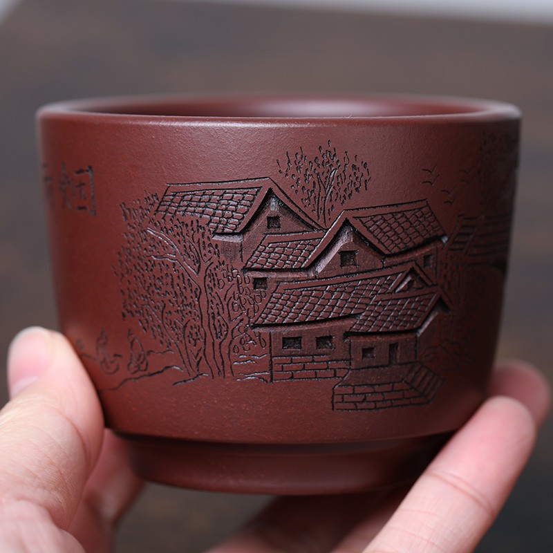 手工刻绘山水宜兴紫砂杯个人杯子 功夫茶具茶杯单杯主人品茗小杯