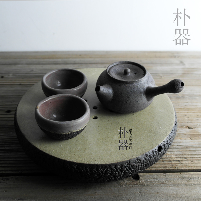 朴器 粗陶功夫茶具便携式茶台干泡盘 手工双层可储水一体圆形茶盘