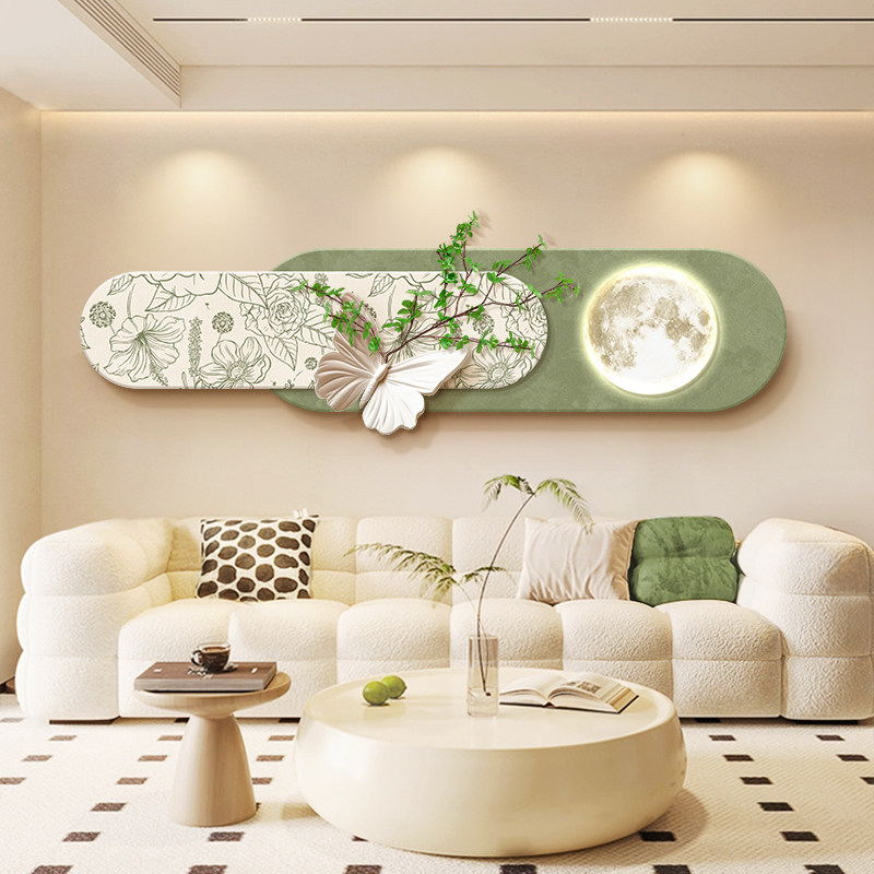 中古风客厅装饰画高级感仿真绿植沙发背景墙挂画奶油风创意叠加画