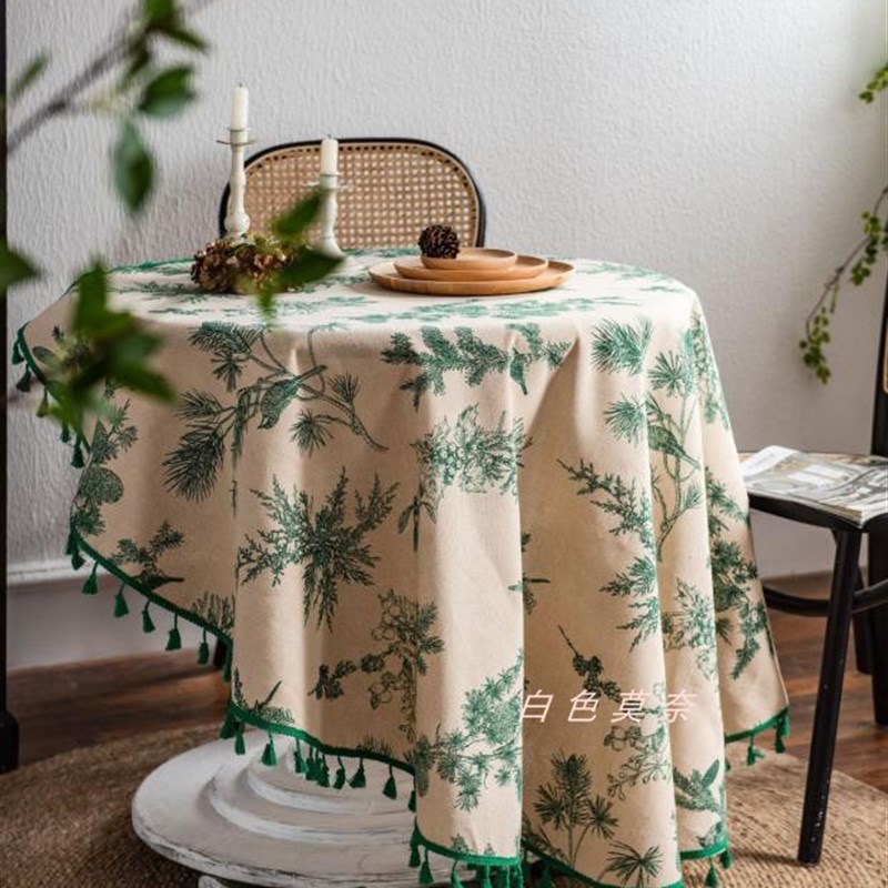 新款桌布绿色松枝印花餐桌布韩式餐巾棉麻印花茶几布