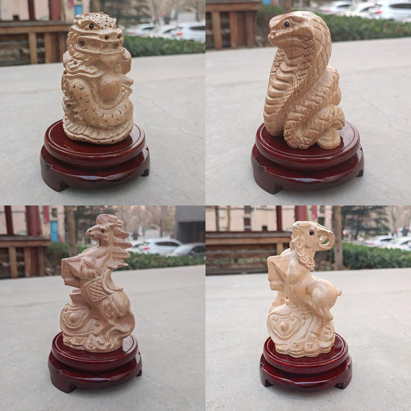 桃木十二生肖摆件木雕实木原色鼠牛虎兔龙蛇马羊猴鸡狗猪整套装饰