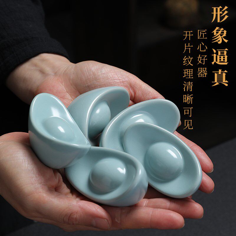 汝窑茶宠小元宝开片可养创意天青色汝瓷茶具茶盘茶艺茶桌摆件