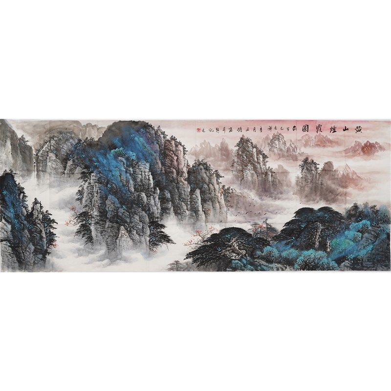 小六尺纯手绘泼式山水画中彩客室办公厅装饰画手工国画王涛00391