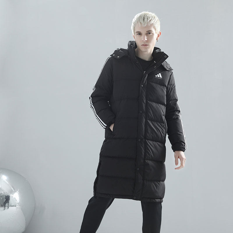 Adidas/阿迪达斯男士长款黑色连帽羽绒服冬季加厚保暖运动外套