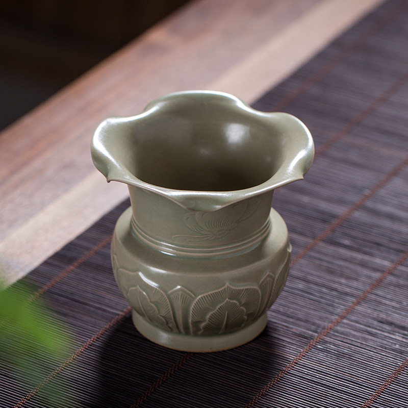 越窑青瓷秘色釉茶渣缸陶瓷茶道杯洗建水花瓶两用茶具配件渣斗茶洗