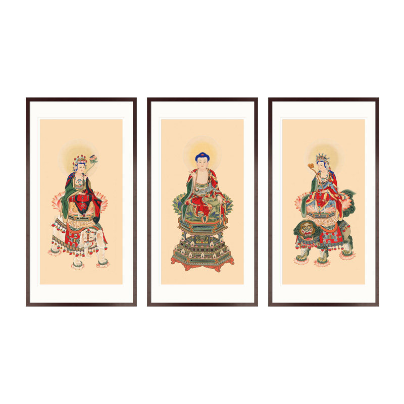 工笔佛尊人物国画释轴三像华严三圣文殊普贤菩萨画像中式卷迦挂画