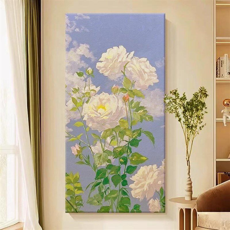 手绘油画牡丹花入户治关装开画花饰富贵玄愈花卉大幅竖版客厅挂画