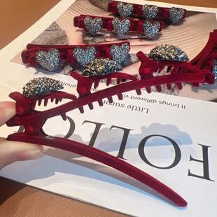 新年发饰红色植绒爱心编发发夹气质新年红色公主头夹子女童头饰HX