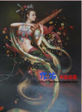 手绘油画散花吹笙图曾浩飞天敦煌乐舞客厅家居装饰轻奢风艺术挂画