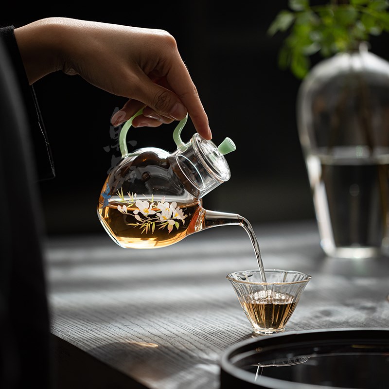复古耐热玻璃手执茶壶手工贴花小号家用绿茶泡茶壶单壶花茶壶