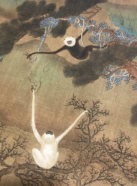 明 仇英 猿戏图 古代名家工笔青绿山水动物国画 高清绢布微喷装饰