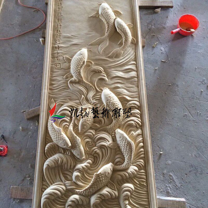 人造雕岩浮雕壁画立体沙雕玄关外墙砂岩雕塑砂岩砖砂刻鲤鱼跃龙门