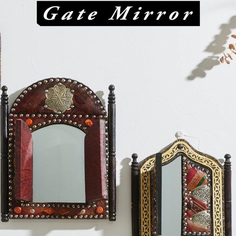 Gate Mirror 摩洛手哥工木制饰纸皮质贴面小门镜墙铜饰品家居壁饰