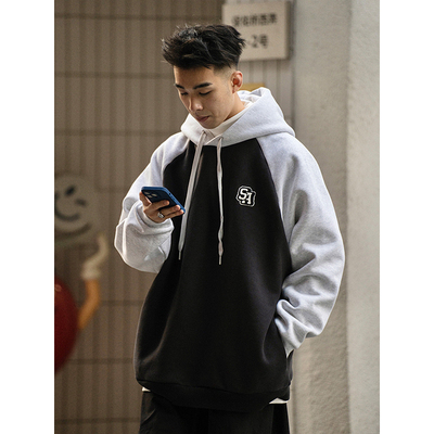 SENDAWAY 美式复古卫衣男加绒重磅连帽套头撞色拼接情侣装秋冬款
