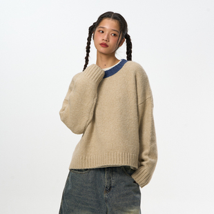 SENDAWAY 24AW羊毛混纺撞色领拼色圆领毛衣宽松软糯亲肤套头秋冬