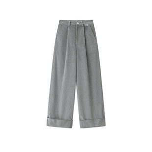 SENDAWAY 女高腰显瘦翻边设计 24AW灯芯绒宽脚口直筒阔腿休闲长裤