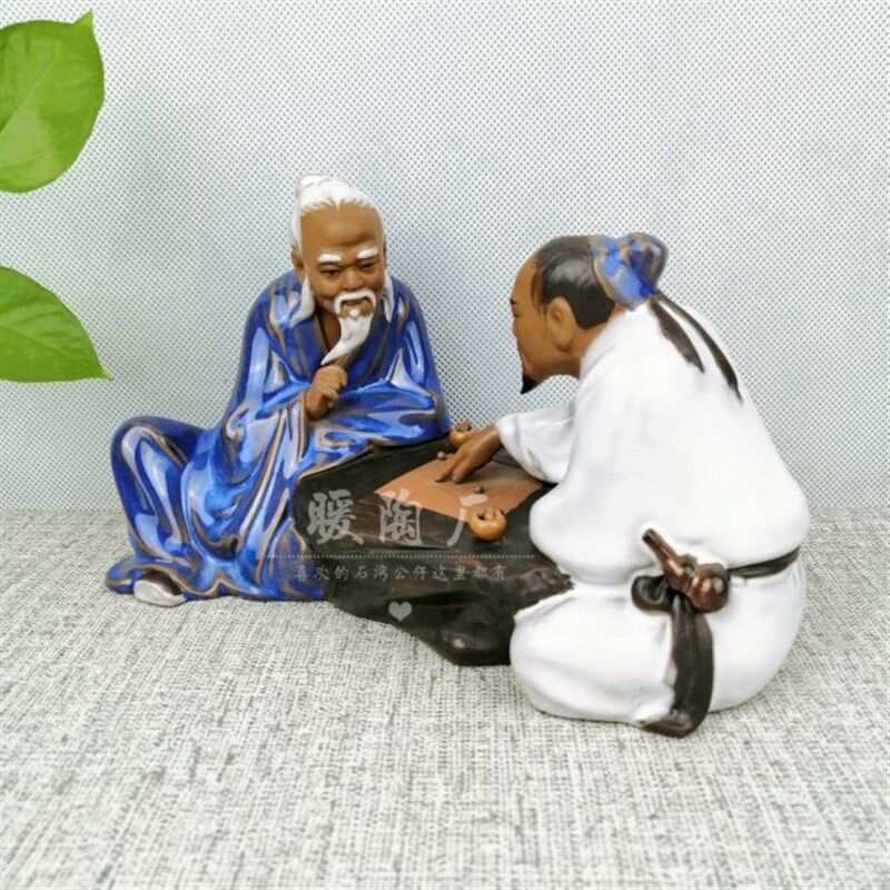 陶瓷人物仙人对弈下棋围棋假山盆景鱼池装饰书房桌面摆件