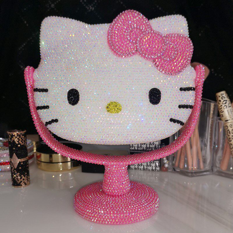 化面创意卡通猫水钻可爱公主补妆网妆镜少女心梳妆台桌红台式镜女