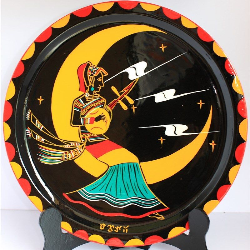 四川摆昌家山四川特产彝族漆器手工绘画人物画盘西件饰品凉俱文玩