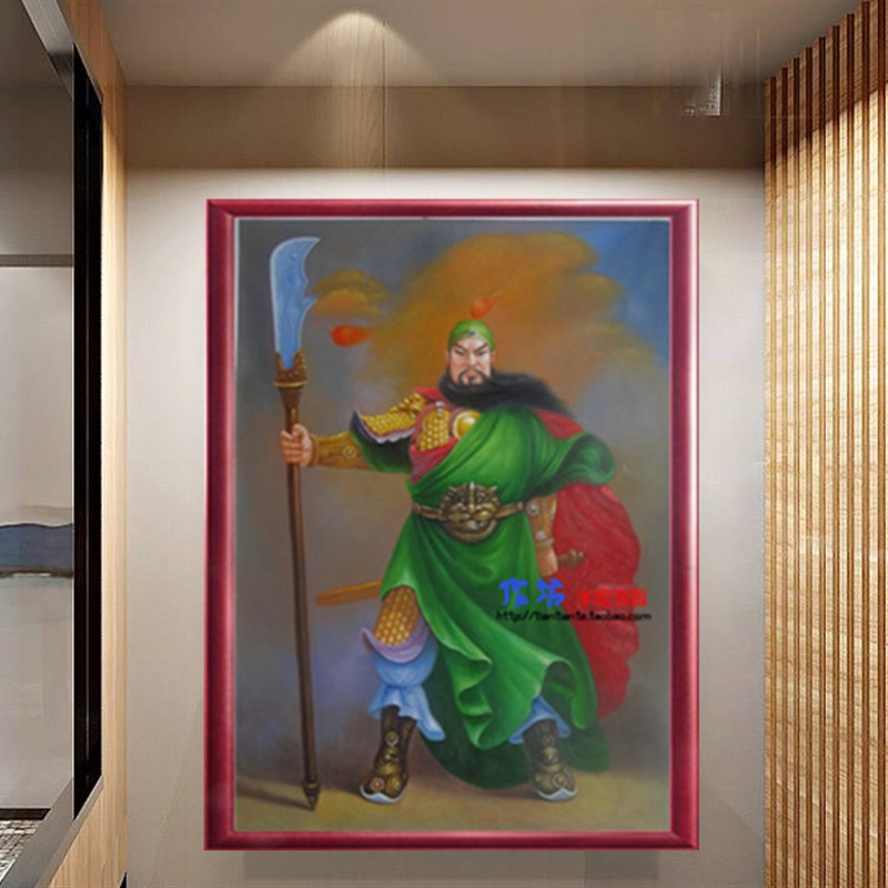 手绘伽蓝坐像油画关羽术公抚须壁炉人物无框玄关艺关三国装美饰画