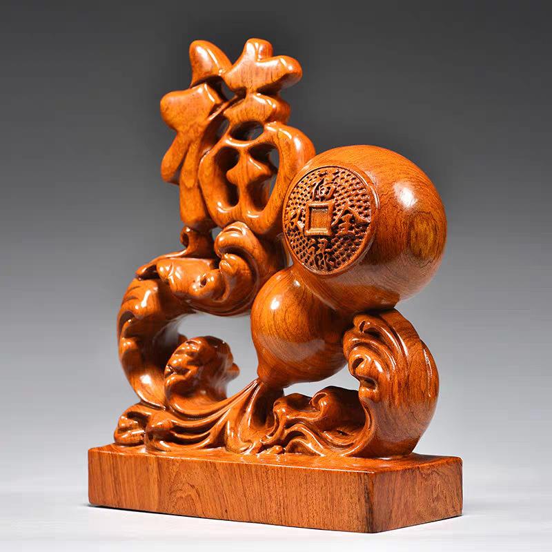 花梨木雕福禄双全摆件实木雕福字葫芦客厅家居玄关工艺品家居装饰