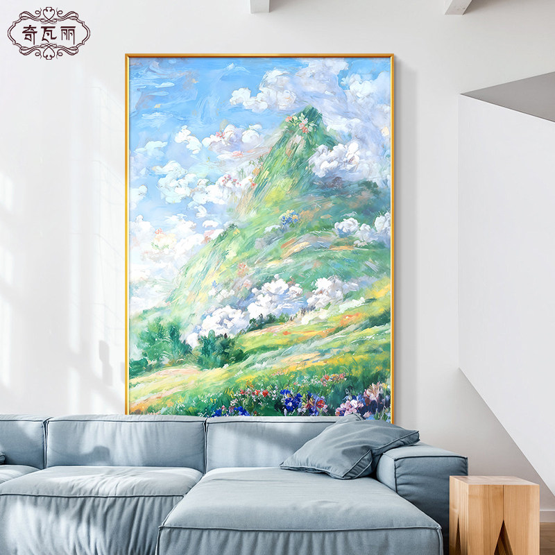 客厅莫奈花海手绘油画玄关抽象奶油风云朵肌理画高级感山装饰挂画